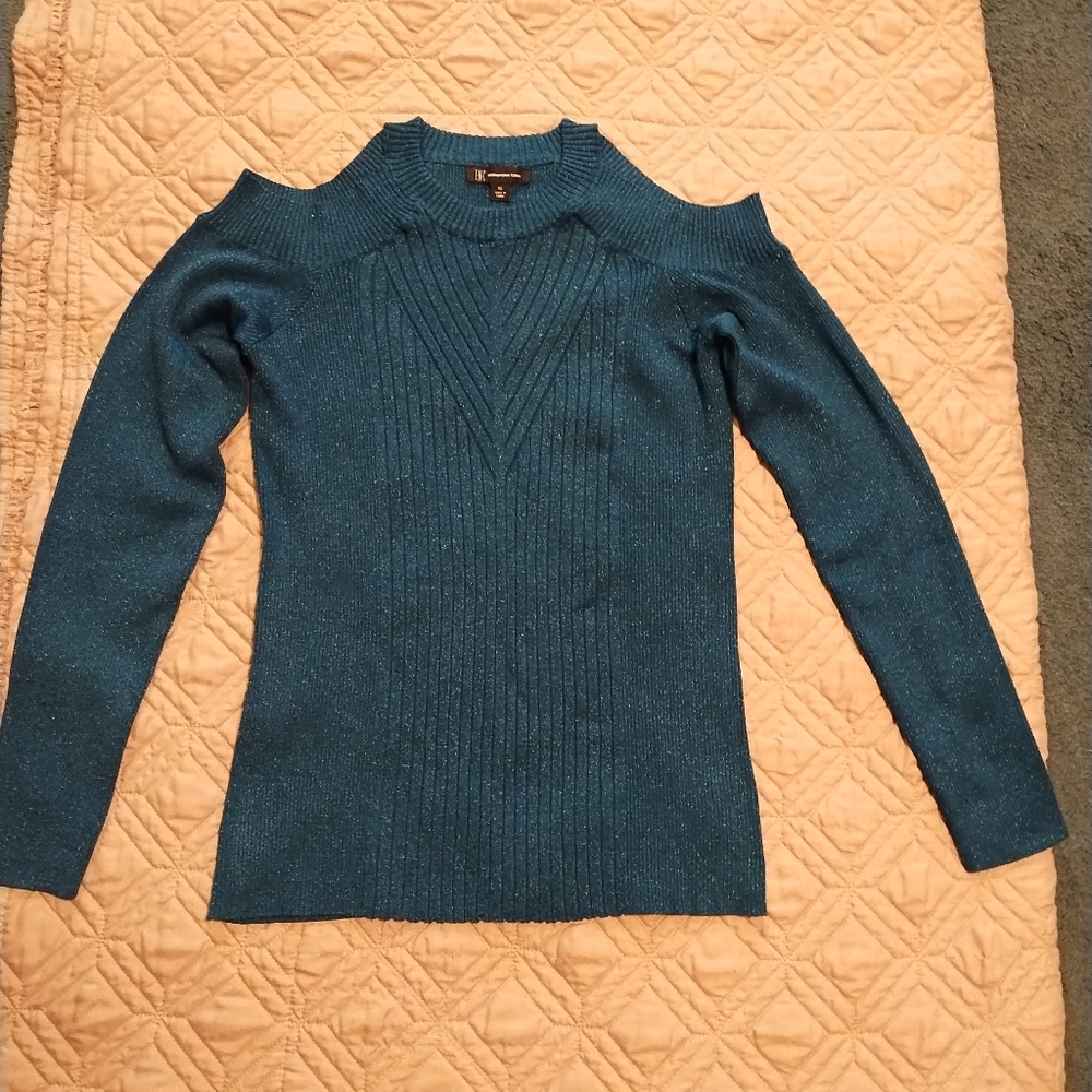 INC International Concepts Teal Blue Cold-Shoulder Sweater